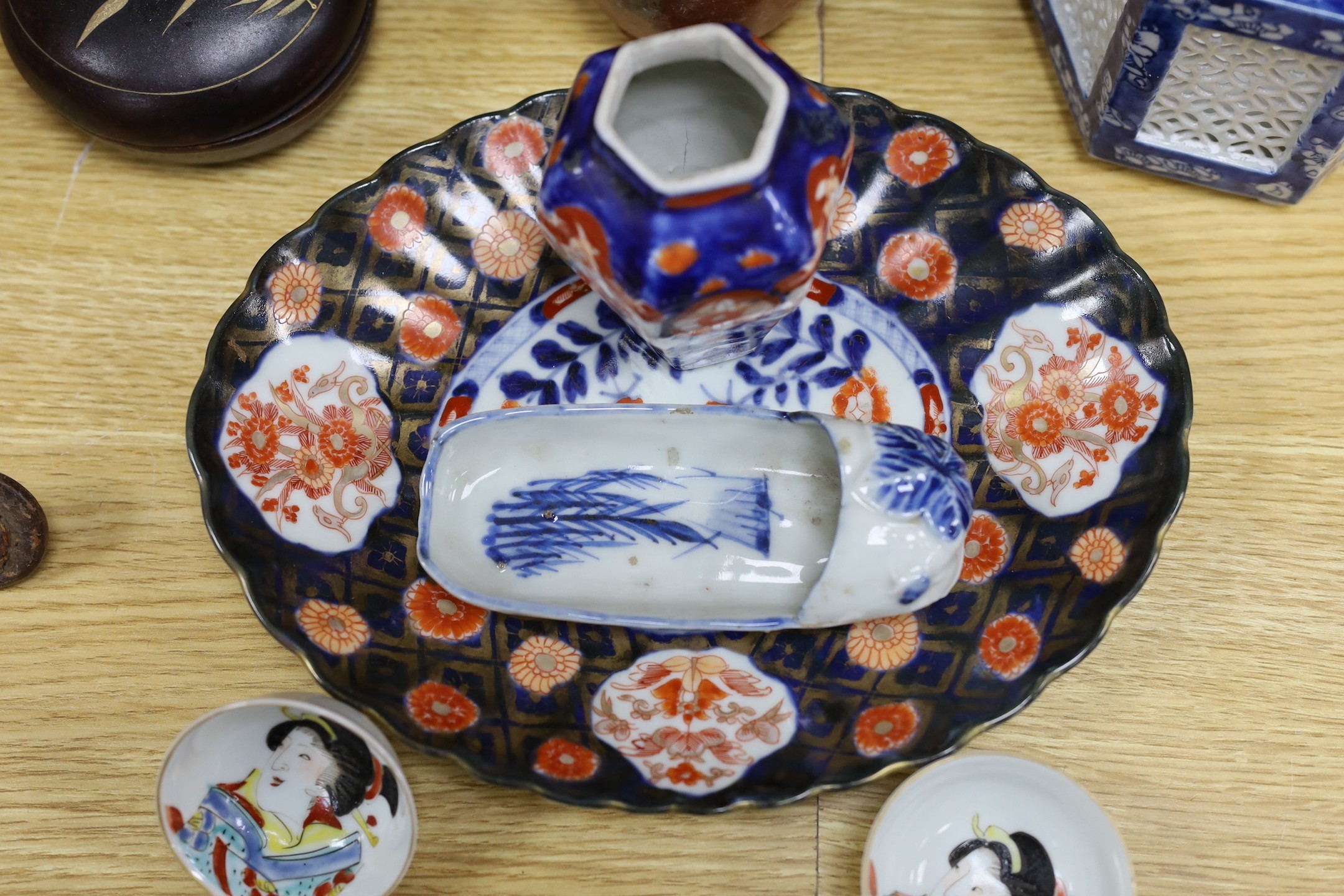 An early 20th century Chinese blue and white prunus vase, group of Chinese, Japanese porcelain Rex Hotel tureens, soapstone wine pot etc